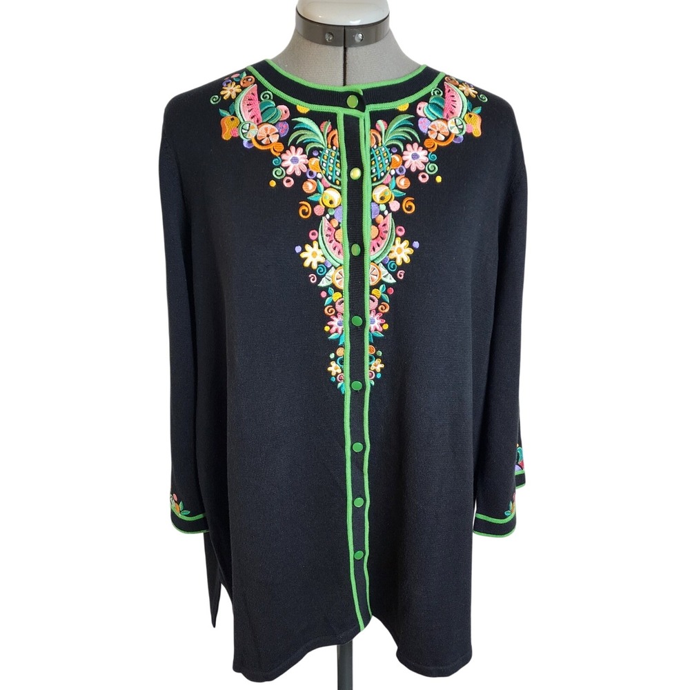 Charming Black Embroidered Fruit Floral Cardigan Sweater‎ Women's Button